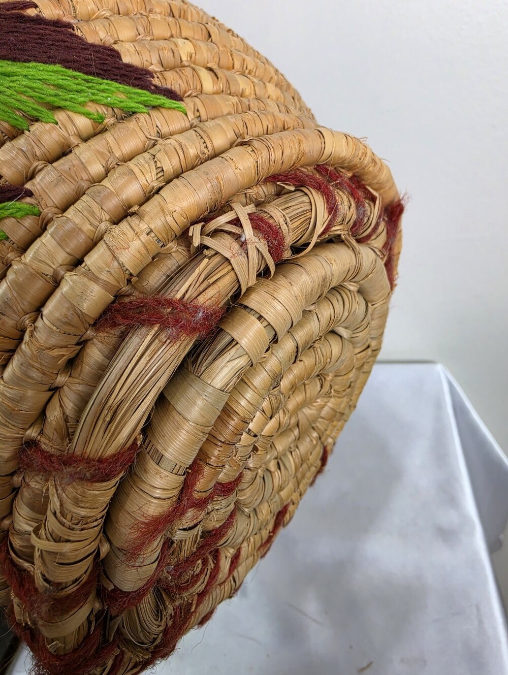 Vintage Woven Straw Bucket Bag with Green & Brown Embroidery - Picture 7 of 12